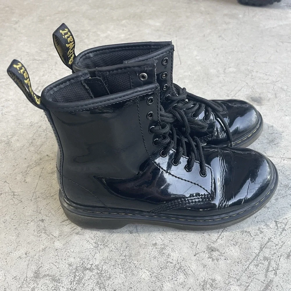 Youth Dr. Martens Doc Black Patent Leather Side Zip Combat Boots 1460J Size 5